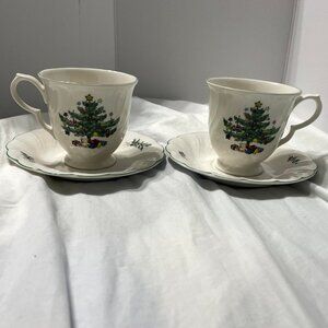 Vtg Lot of 2 Nikko Japan Christmas Tree Happy Holidays Teacups and Saucer Sets